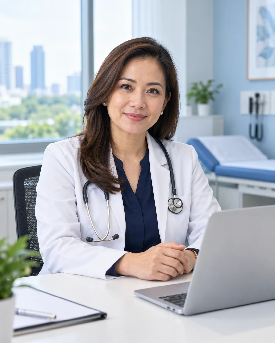 A doctor at a clinic desk ready for a virtual consultation