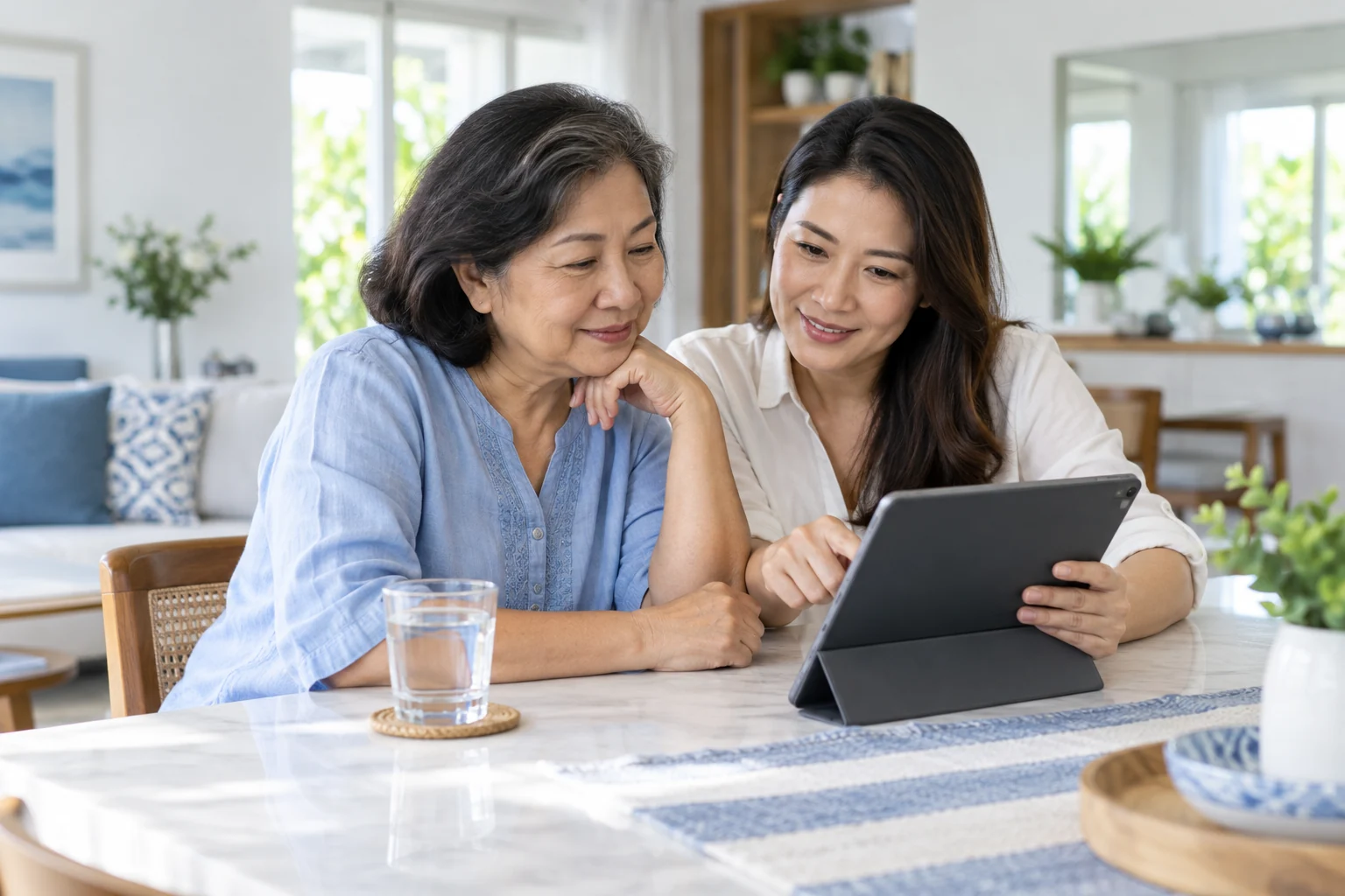 A patient and her daughter reviewing a digital care plan together at home