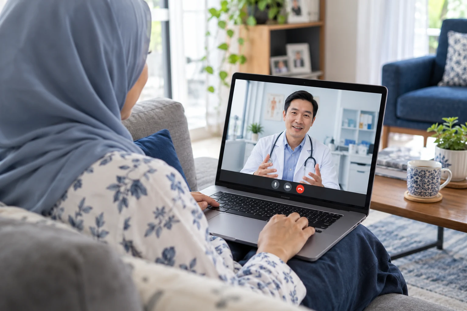 A patient connecting with a doctor through a video consultation from home